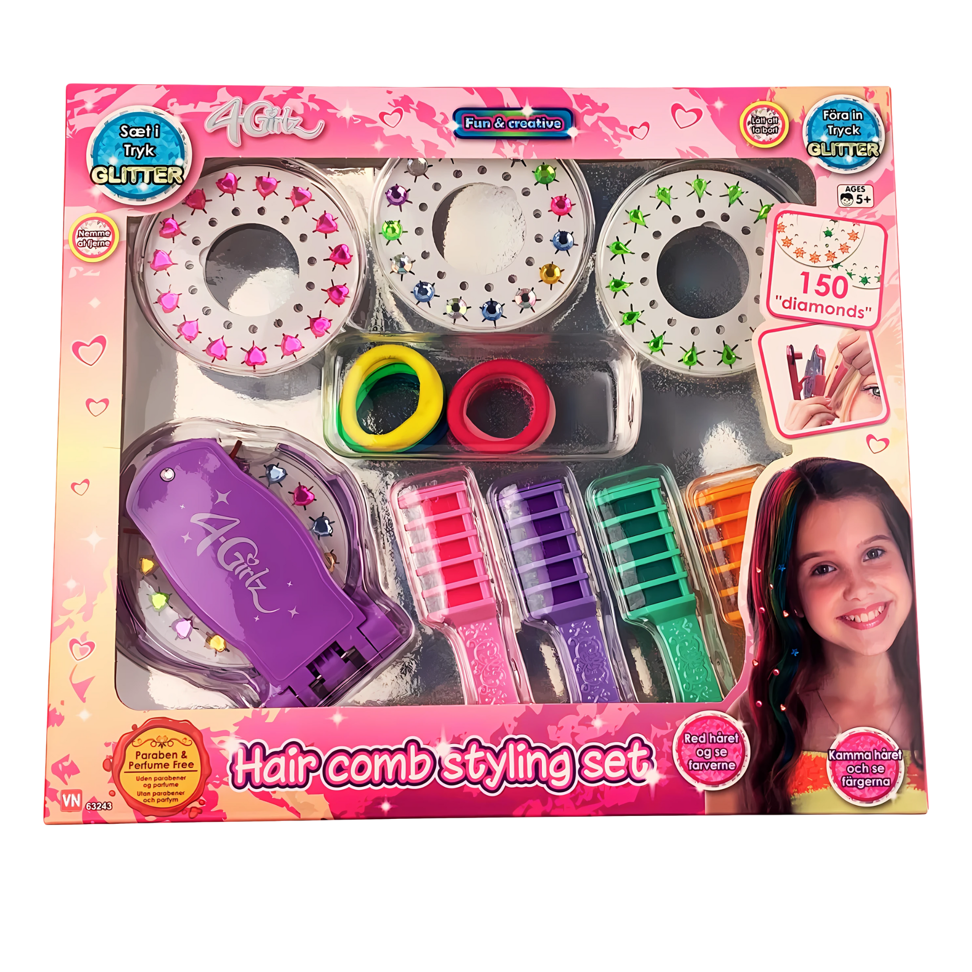 Hair decoration set with diamond stamper, hair color chalk comb and hair ties